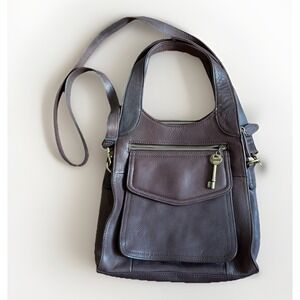 Womens VTG Fossil Brown Pebbled Leather Shoulder Bag Roomy Size Charm 75082‎